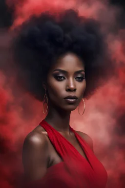 beautiful black women in red Smokey ethereal, heavenly background