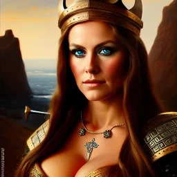 portrait of beautiful busty viking queen painting by Brom , oil on canvas, cinematic composition, extreme detail,fit full head inside picture,8k
