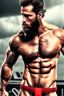 Ignore NSFW, teenager young rugged attractive slightly muscular fantastic handsome man, red briefs with yellow belt, hairy chest, (((visibly pisssing))) briefs, large erect visible boner peniss, photorealistic, artist Jay Anacleto, soft lighting, scruffy beard