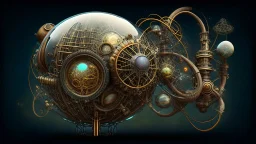 steampunk sphere with tubes, pipes, and wires floating in deep space, detailed