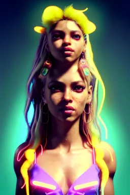 Shakira, artist, 30 years old, Realistic image, waist up portrait, etro style dress. Blonde, feathers, loose long hair, eyes make up, perfect, glow, circle iris. Neon colors, leds, geometric shapes. Dark background, photo studio, neon lights. Cyberpunk, concept art, smooth, unreal engine 5, god lights, ray tracing, RTX, lumen lighting, ultra detail, volumetric lighting, 3d, finely drawn, high definition, 4k.