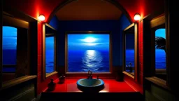 A look out the window of a bathroom into the ocean. The view is from below the mirror frame, seen through the mirror. The frame shows an opening with dark blue bathlights and a bright red roof over the pool. Shadows from fireflies cast across the tiled floor and wall outside the water. Inside the room there are three large rectangular mirrors on the left side that reveal the ocean in the reflection. In the background, there is a large island with ships and boats on it. On the right side of the i