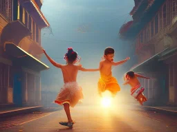 children playing on the Indian street capture them against the sun and make an art silhouette, hyper details, real sharp, 8k, well detailed