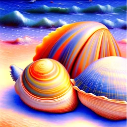Dibujo al oleo de Conchas pintadas con nubes de colores en la orilla de la playa, con nubes de colores, barcas,cangrejos, con estilo de Van Gogh 4k