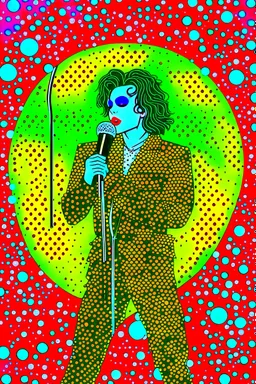 colorful Illustration of a michael jackson microphone in hand and looking at the camera. Polka dots in the background. by munch