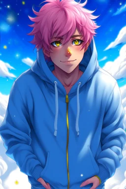 An androgynous young man with tousled pink hair and golden eyes floating among the stars wearing a light blue hoodie and black board shorts. He is smiling softly and holding a star in one hand.