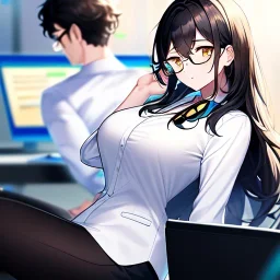 Clear focus, 8k, high quality, detailed, beautiful lighting, girl, vibrant colors, black long hair, vibrant golden eyes, office clothes, glasses, messy hair, sitting down, stretching,