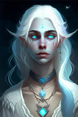 hauntingly beautiful character for dnd, young woman with white hair and blue eyes, angel, with moon necklace, fangs