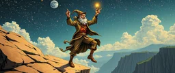 the fool from major arcana tarot,dancing joyfully on the edge of a cliff, close up portrait of dj magic farmer pilot looking down on cam, with background in the style of escher and giger, a chill contrapunctus fugue in the style of fsol, beethoven, held up and protected from disaster