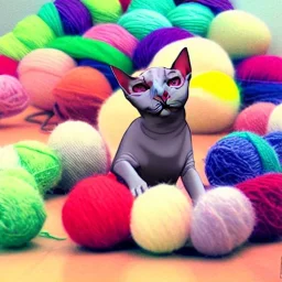 sphynx cats playing with coloured balls of yarn in the style of Studio Ghibli