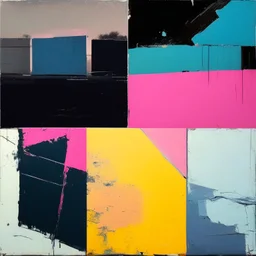 Minimal contemporary abstract oil paintings desolate 1960s carpark concrete fragments at dusk sunset. In the style of Justin Mortimer and Francis Bacon. road markings.