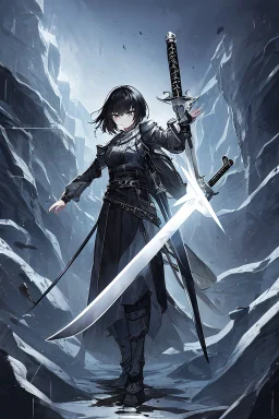 Anime girl with short black hair and sharp green eyes holding a spear, full body black and white metal plate armour, full body shot, Dramatic lighting,1woman, soaked in blood, Warrior, standing pose, sword at the waist