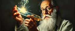 pin hole cam, master oil painting by Rembrandt, realistic rendering of crazy scientist holding a holy super power tube vial