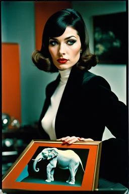 sixties, beautiful woman holding a piece of elephant art, Portra 400 film photo, analog inspiration, bubble, helmut newton, polaroid colors, realistic face, space age