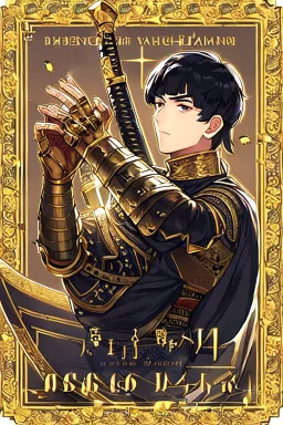 A handsome 30 year old knight, black hair, male bob haircut, in black-and-gold plate armor, golden katana in both hands, no beard, european