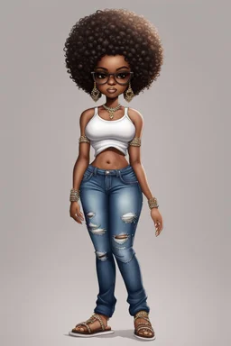 Create a magna chibi image of a black female with shoulder length tightly curl afro, black silky and brown eyes. Long eye lashes wearing a torn jeans and tank top with diamond studded "pretty" on the front, sandals , plus size body style. Diamond studded glasses and hoop earrings forward facing, 2k, white background