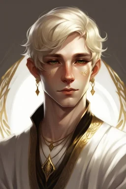 A young half elf man with White-Blonde, short hair, dark black eyes, dressed in white and gold with lots of jewelry, hero