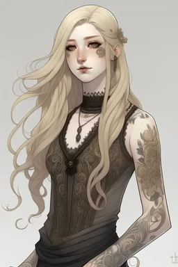 Realistic brutalist anime style. Your skin is light in complexion and porcelain in tone covered in tattoos and piercings. Your body is lean, with little muscle, but not too thin. Your long hair is ash blond and the texture is wavy. You are wearing a long sleeved dress with an elegant bodice that stops at your ankles with thick stockings and leather knee-high boots.
