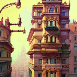 Corner building +Beaux Arts architecture+artdeco architecture+detailed facades+uphill road+trees+ biopunk+Bueno Aires+turin+trieste+Book illustration by Gediminas Pranckevičius, Jean Baptiste Monge, Brian Kesinger, Anton fadeev, Kilian Eng, strong lines, high contrast vibrant colors, highly detailed, 16k resolution, trending on behance