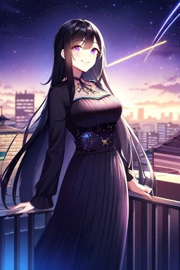 girl, masterpiece, best quality, cinematic lighting, detailed outfit, vibrant colors, perfect eyes long hair, black hair, purple eyes, night sky, starry sky, shooting star, rooftop, town, smile,