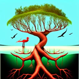 Watched a show about the Everglades, and found this fascinating. Birds exist on the top of tree, and fish in the roots. Bing prompt: a beautiful mangrove tree , with the root system under water in the Everglades, with fish and creatures living in the twisted roots, the image shows the bottom in water and the top has a red duckbill bird and a white heron living in the top of tree.