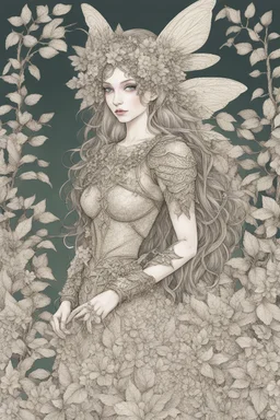 Forest fairy with textured leaves and floral armour