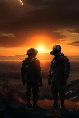 portrait of a post apocaliptic landscape with two mutants watching two sun sunset