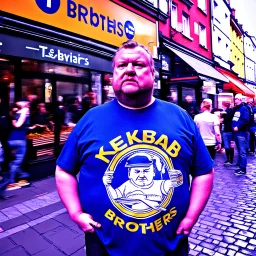 a little fat swedish man standing on a busy street wearing a t-shirt. a kebab brothers t shirt, with a kebab brothers logo