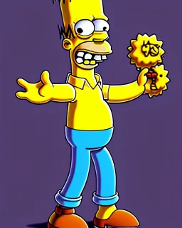 A skinny and relatively tall guy with wild curly blond hair, smiling with teeth and wearing black skinny jeans and a t-shirt. simpsons style