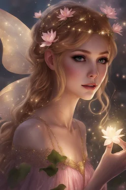 Blonde hair ,Pink dress,Sparkling fairy wings,Very long golden hair,Fairy crown,pointed ears,elven ears,fairy wings,water lilies,sparkling,glittering,flowers,blossoms,golden crown,light pink dress