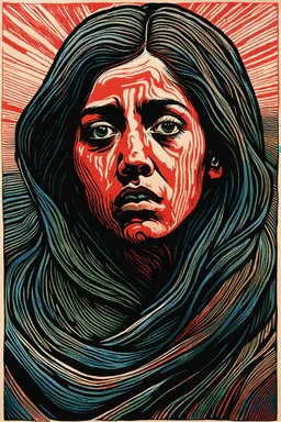 create an abstract, deeply powerful tragic, heart wrenching, and evocative, full body color woodcut of an anguished young refugee woman with highly detailed and deeply cut facial features, lost in a horrific post apocalyptic Gaza, in the style of KATHE KOLLWITZ and PAUL GAUGUIN, searing lines and forceful strokes