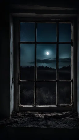 View from an old window at night in a creepy abandoned house