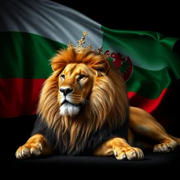 Create A hyper-realistic highly detailed image of a majestic lion lying down, wearing a royal crown. The lion's fur should be rich and textured, with a regal and powerful presence. Behind the lion, the flag of the Republic of Bulgaria waves gracefully, its white, green, and red colors vivid and well-defined. The background should be an elegant, deep black, creating a striking contrast that enhances the grandeur of the lion and the flag. The lighting should be dramatic, with