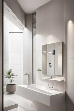 "a sleek and minimalist bathroom design, showcasing a wall-mounted automatic soap dispenser and a stylish contemporary wash basin cabin, inspired by the clean lines of modern architecture, captured with a high-resolution camera, emphasizing the sharp edges and smooth surfaces, minimalist color palette with hints of chrome accents, architectural photography, wide-angle lens to capture the full space, interior design"