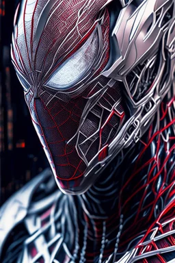 Arte lineal Spiderman cyborg, calidad ultra, hiperdetallado, maximalista, color blanco, increíble obra