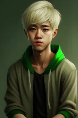 teen boy, blonde hair, green eyes, realist, asian, short hair, korean, full body