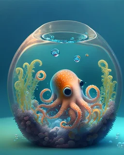 A cute little octopus in a small circular fish tank.