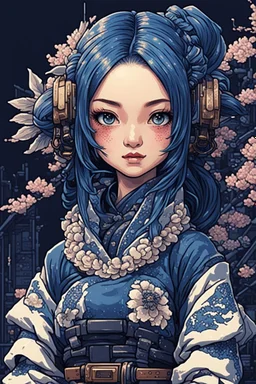 8bits, Pixel Art, beautiful cyberpunk petit girl, hyperdetailed, illustration by Katsushika Hokusai, darkblue tones,