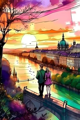 romantic, city panorama vienna with charakterictic architecture, comic style, watercolor, two people, sunset, river, big tree, purple