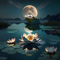 create some magnificent and natural lotus flowers, emerging from a chinese magic lake. The landscape is infinite, with a moon in the horizont