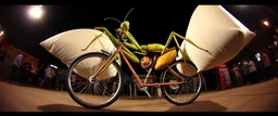 pinhole cam, airbrush 3d rendering,,The Mantis Pillow Fighter 🦗🥊 A bizarre upright bicycle-creature, front wheel replaced by articulated mantis-like arms carrying enormous inflatable pillows, looking far too serious about complying with official pillow-fighting regulations.