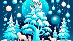 fantasy cartoon illustration: The Arctic animals beneath a full moon are decorating a Christmas tree