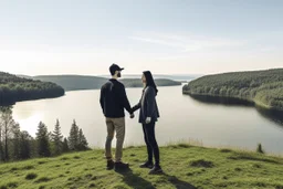 An image of two people exchanging criticism in a constructive and respectful manner, standing on a hill with a lake behind them