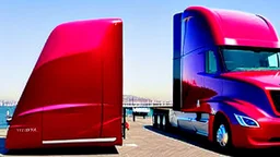 A Tesla semi-truck is parked, over the 'Pier 39', in San Francisco. CINEMATIC. WIDE ANGLE LENS.
