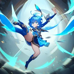 Clear focus,High resolution, Vibrant short blue hair, Vibrant blue eyes, Genshin impact inspired outfit, wearing a short skirt, kicking pose, full body, jumping