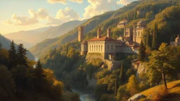 Realistic landscape painting, inspired by the works of Thomas Moran and Frederic Edwin Church, intricate details of a monastery built into a hillside, surrounded by lush green trees and a winding river below, soft golden light from the setting sun casting shadows on the scene. (Oil painting style, long shot)