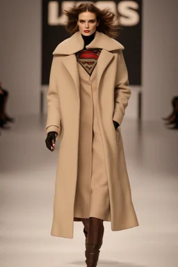 a winter fashion runway with moderna clothes hugely inspired by Superman style, embroidery elegante fashion beige tones