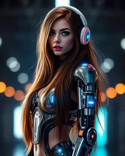 Beautiful woman super model brown long hair science fiction style humanoid half with full body cyborg mechanicals and cybernetics lights wearing headphones,she on standing sweet pose