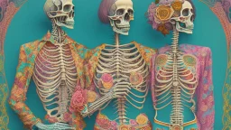 Famous partially Skeletonized Couple Posing together wearing vintage 1960's hippie clothes; neo-surrealism, Intricately Detailed, Beautiful, Colorful, award-winning, high definition, ultra-detailed, beautiful, rose tones