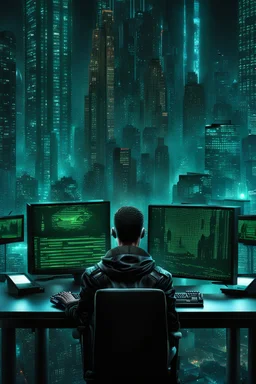 cyberpunk programmer black_Cat_Typing_on_computer_background binary codes, surrounded_by_mindent_3D_binary matrix codes and neutron mesh_etheral, Paranoid_sci-fi_in background_a_tall_cyberpunk_city, the cat hacker watchings monitor, Hyperrealistic texture, high detail, Sinister, cold dynamic lighting, dark-neon colors, Ultra_HD_intense_focus